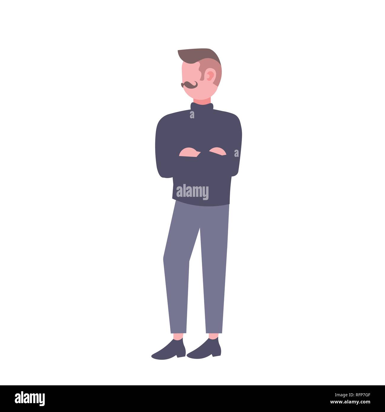 Imprenditore mani piegate in piedi pongono business casual uomo mustaches taglio di capelli alla moda a lunghezza piena cartoon maschio piatto di carattere isolato Illustrazione Vettoriale