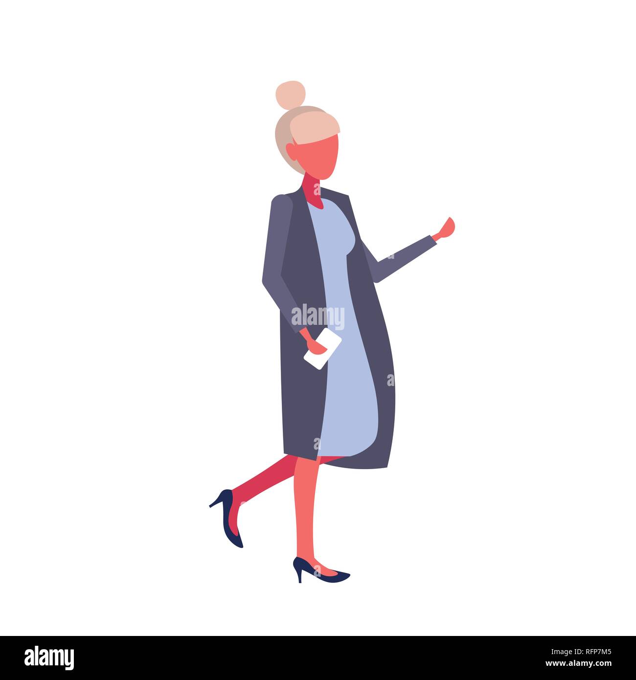 Imprenditrice indossando cappotto di puntamento gesto mano business donna tenendo lo smartphone a lunghezza piena cartoon femmina carattere isolato piatta Illustrazione Vettoriale