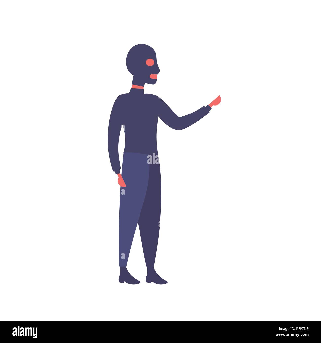 L'uomo nero maschera mano di puntamento qualcosa di gesto hacker nozione di attività criminale di guy ladro a lunghezza piena cartoon femmina carattere isolato piatta Illustrazione Vettoriale