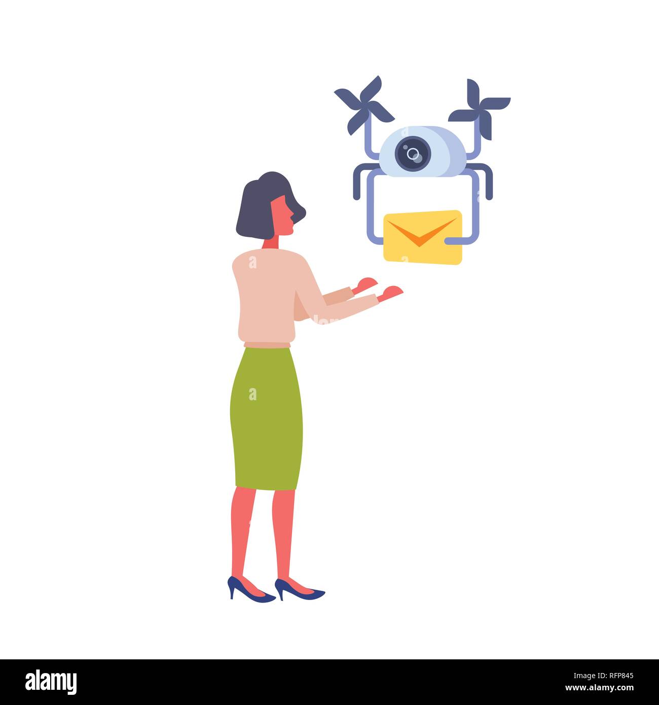Donna ottenere buste messaggio drone pacchi Servizio di consegna rapida il concetto di trasporto aereo imprenditrice ricevitore di posta piatta isolata Illustrazione Vettoriale