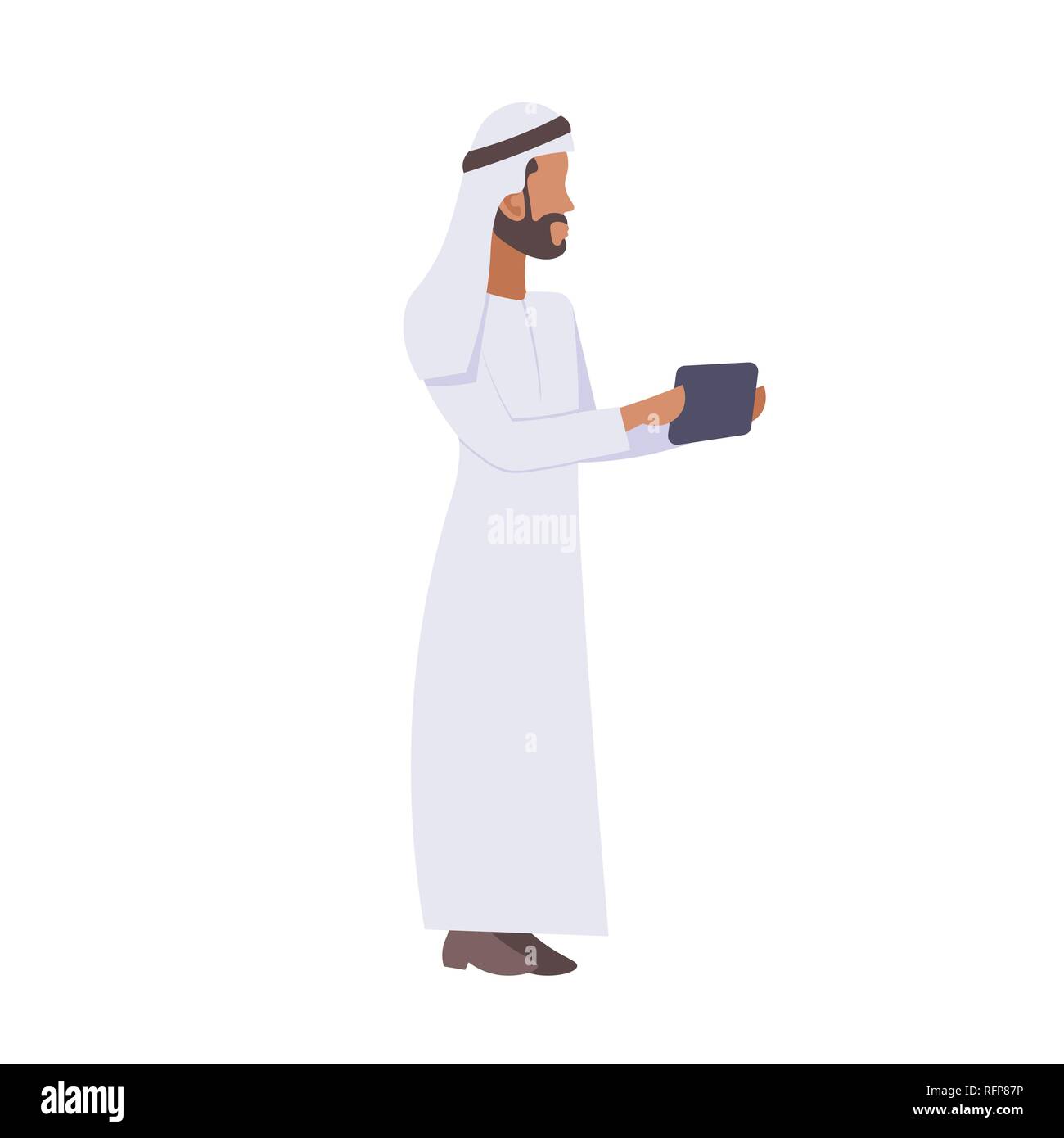 Imprenditore arabo utilizza lo smartphone concetto di comunicazione arabo business man indossando abiti tradizionali a lunghezza piena cartoon maschio piatto di carattere isolato Illustrazione Vettoriale