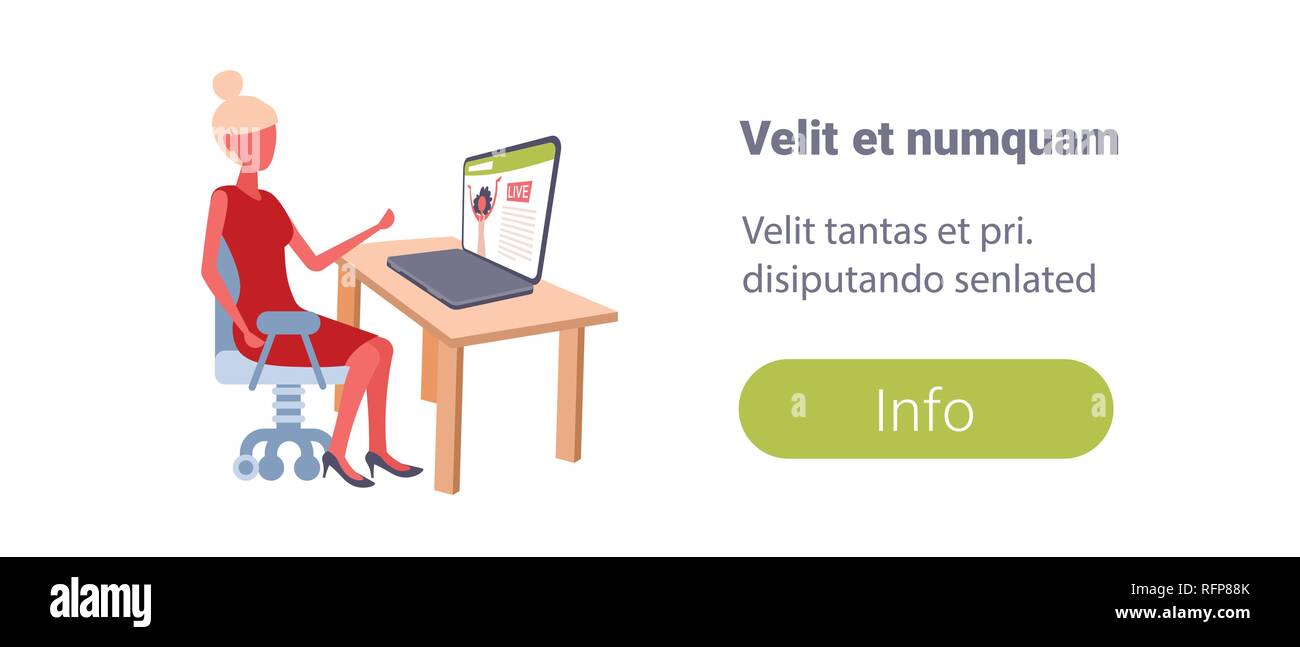 Donna con notebook guarda live video streaming concetto ragazza seduta workplace computer online applicazione connessione internet social ora guarda il piatto di servizio spazio di copia Illustrazione Vettoriale