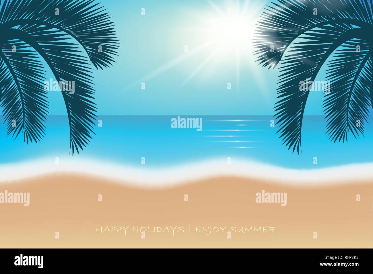 Vacanze estate cartolina palme sulla spiaggia paradiso illustrazione vettoriale EPS10 Illustrazione Vettoriale