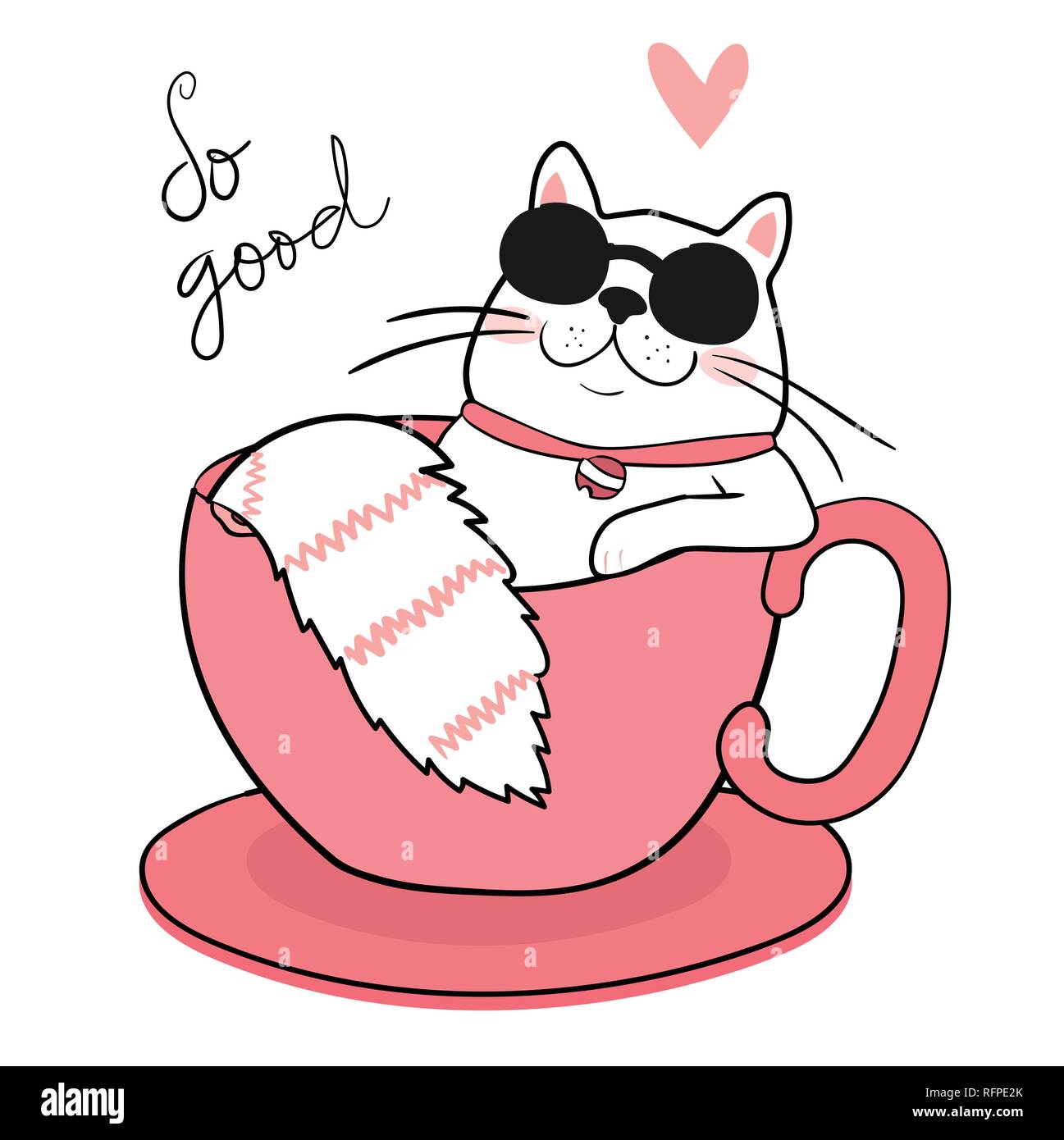 Carino il grasso bianco gatto con occhiali da sole dormire in una tazza di caffè, disegnare Illustrazione Vettoriale