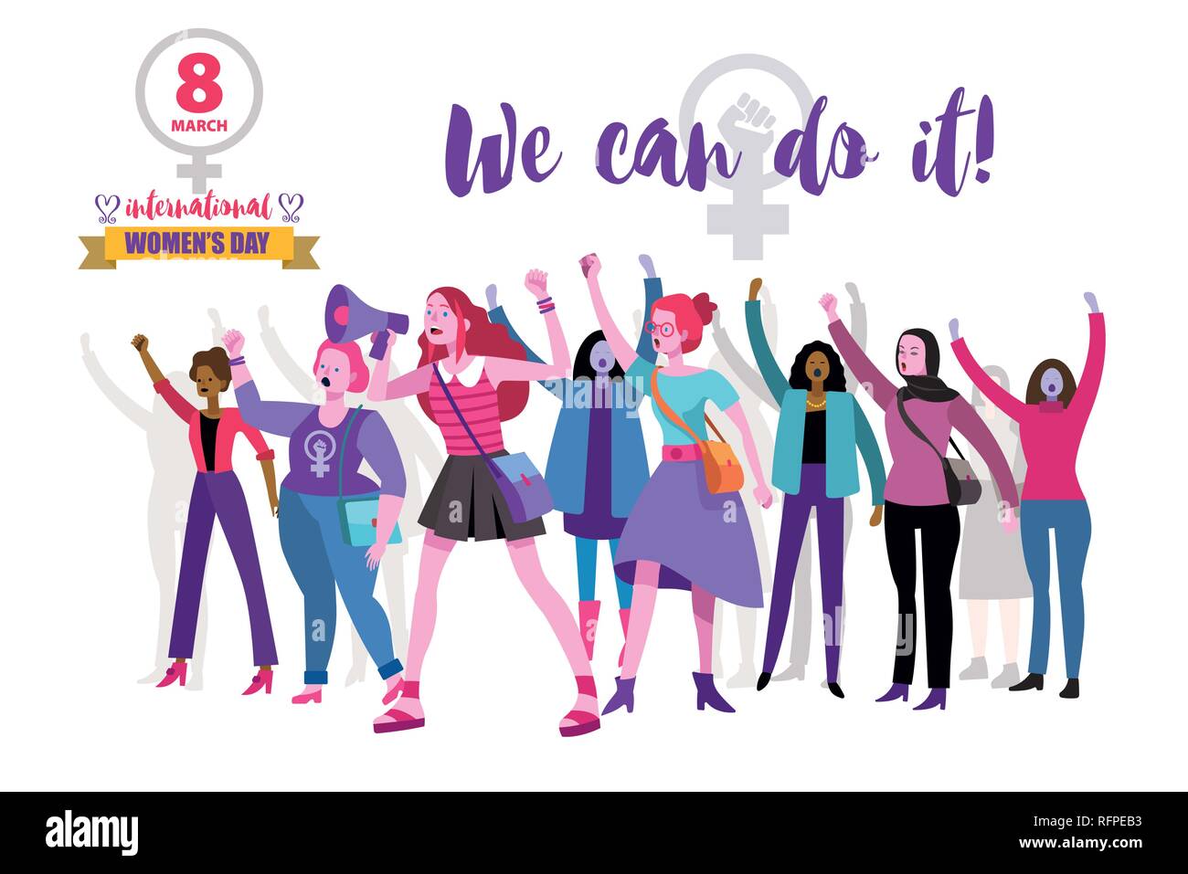 Le donne lavoratrici'd giorno banner del vettore. Siamo in grado di farlo. Potenziamento del ruolo delle donne concetto. Un gruppo di donne che protestavano e vindicating i loro diritti in il 8 marzo. Illustrazione Vettoriale