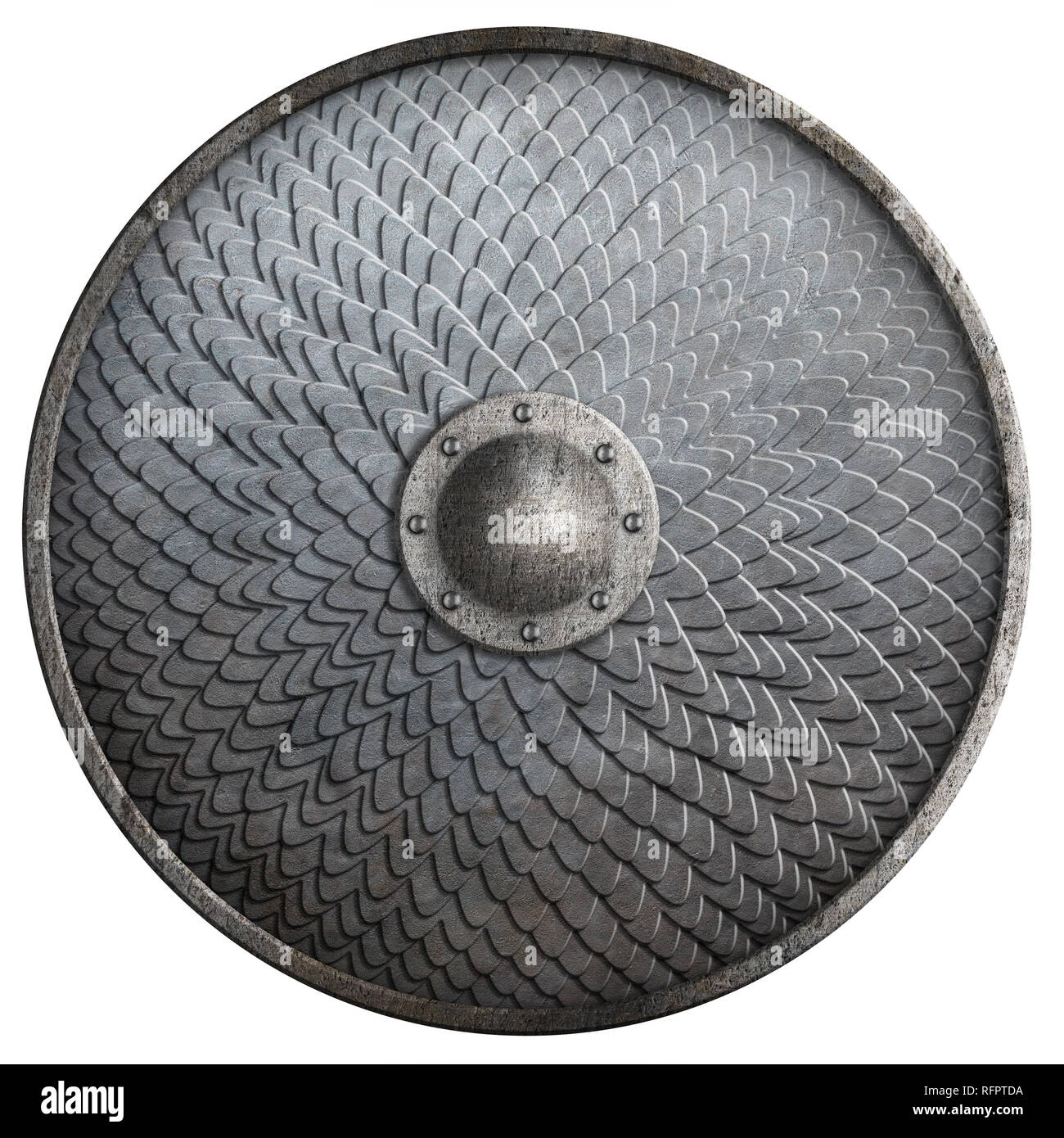 Metallo scudo rotondo ricoperto da squame isolato 3d illustrazione Foto Stock