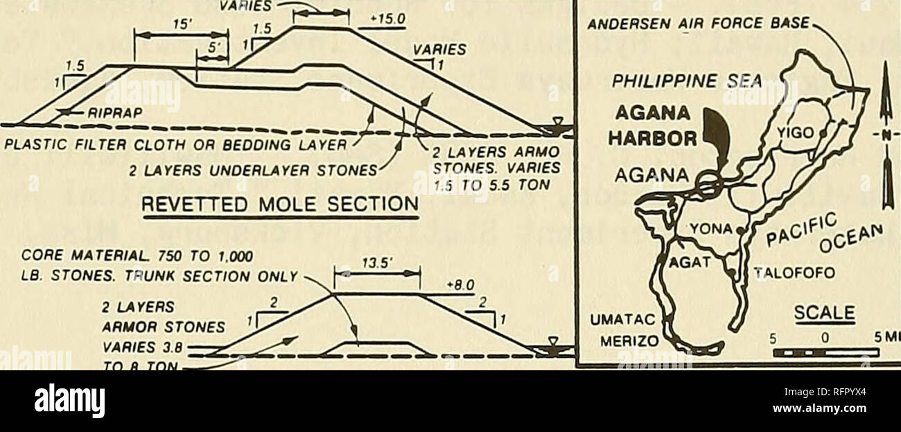 . Case histories di Corps frangiflutti e banchine. I frangiflutti; sporti; moli foranei; banchine. Tabella 14 Est e Ovest i frangiflutti Agana Small-Boat Harbour, Agana Guam data(s) 1977 costruzione e la ricostruzione della storia della 200-ft e 525-ft est e ovest armor stone frangiflutti, rispettivamente, sono state una parte del progetto è stato completato in 1977 (Figura 27). Il costo totale del progetto è stato di circa $1,220,550. Le teste e le linee del frangiflutti sono stati progettati per 10- e 9-ft di profondità limitata le onde che si infrangono, rispettivamente. Le strutture non hanno alcun danno o riparazione storia sin dal loro completi Foto Stock