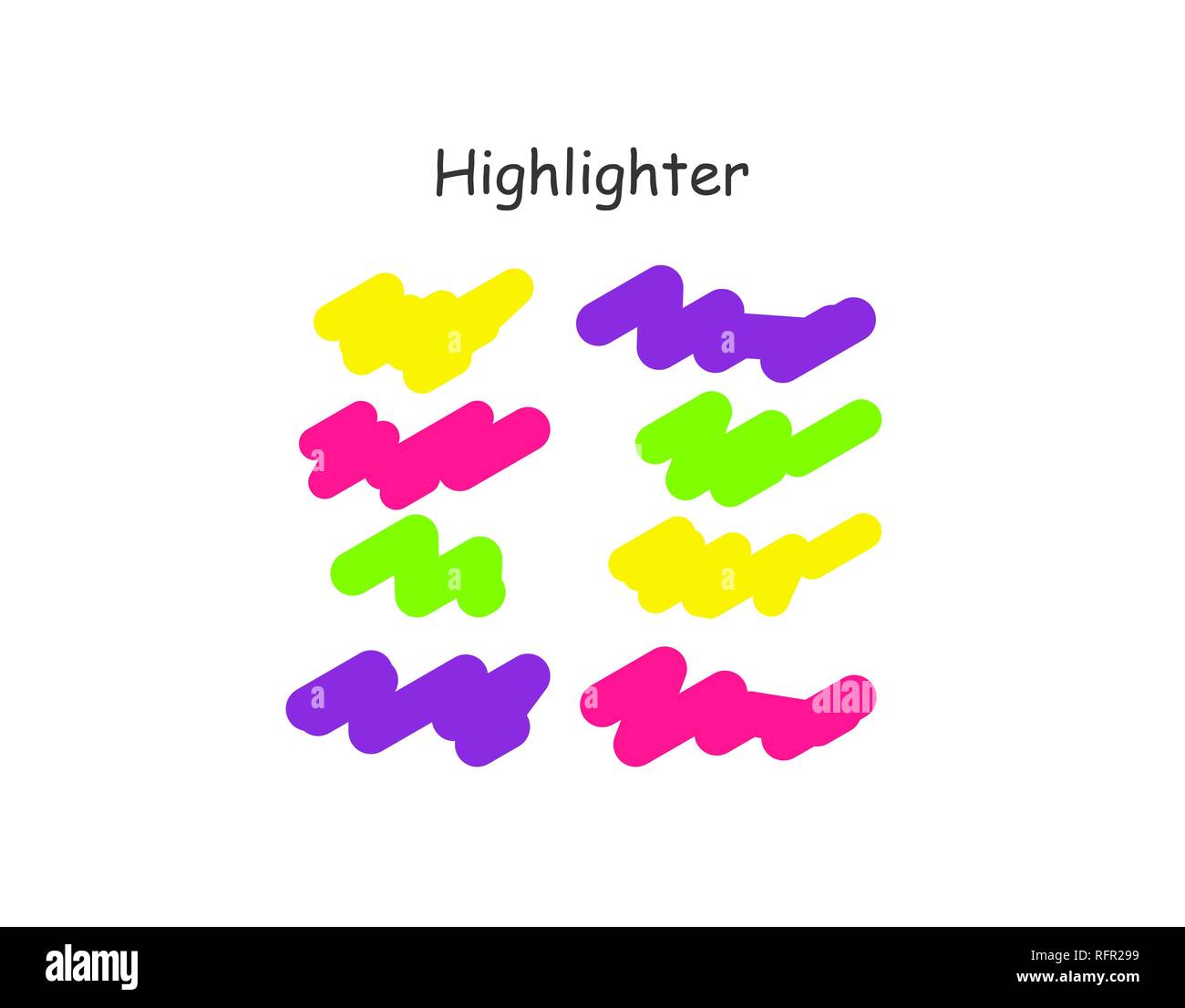 Evidenziare il tratto di pennello set. Vettore marcatore colore linee penna. Giallo, rosa, viola, verde sottolineano disegnati a mano evidenziare i tratti su sfondo bianco Illustrazione Vettoriale