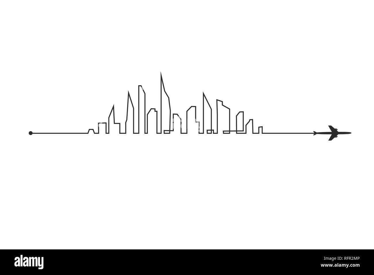 Piano e la sua via e lo skyline su sfondo bianco. Illustrazione Vettoriale. Volo aereo percorso e il suo percorso Illustrazione Vettoriale