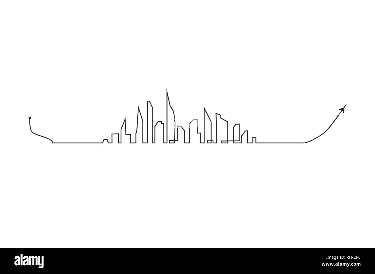 Piano e la sua via e lo skyline su sfondo bianco. Illustrazione Vettoriale. Volo aereo percorso e il suo percorso Illustrazione Vettoriale