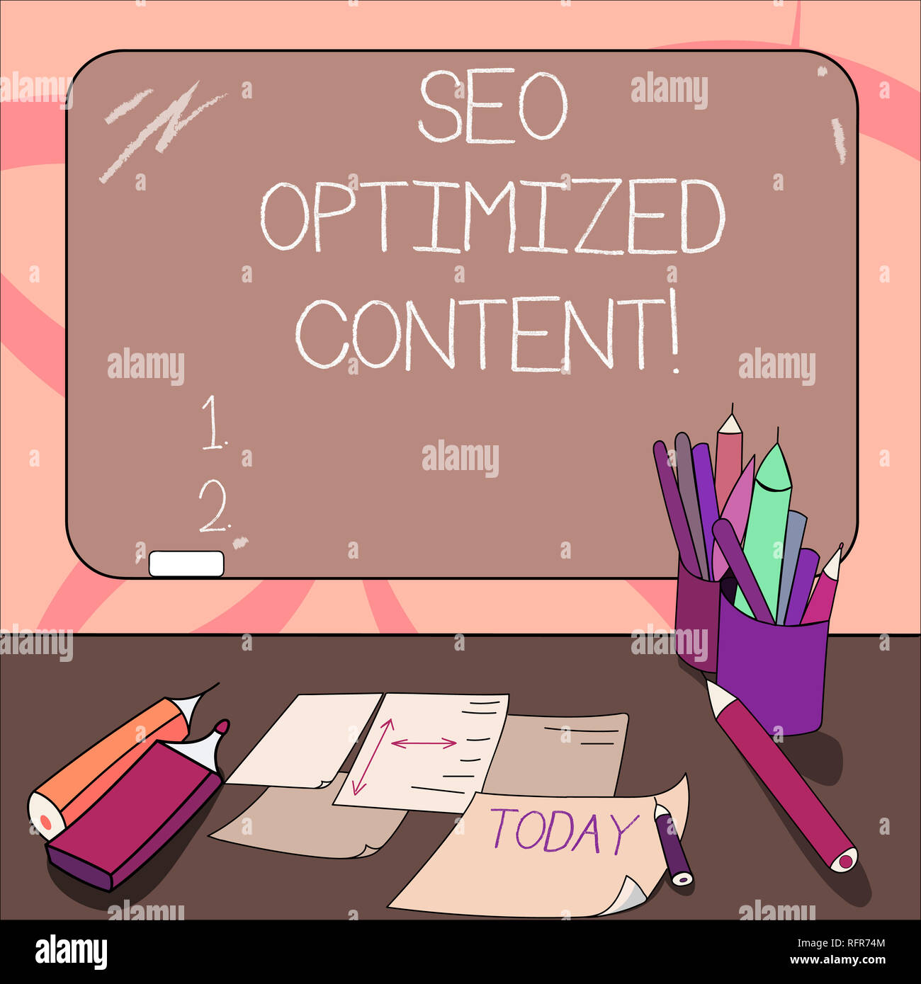 La scrittura della nota mostra Seo ottimizzato il contenuto. Business photo vetrina per rendere le pagine del sito attraente per i motori di ricerca montato lavagna con Chalk Foto Stock