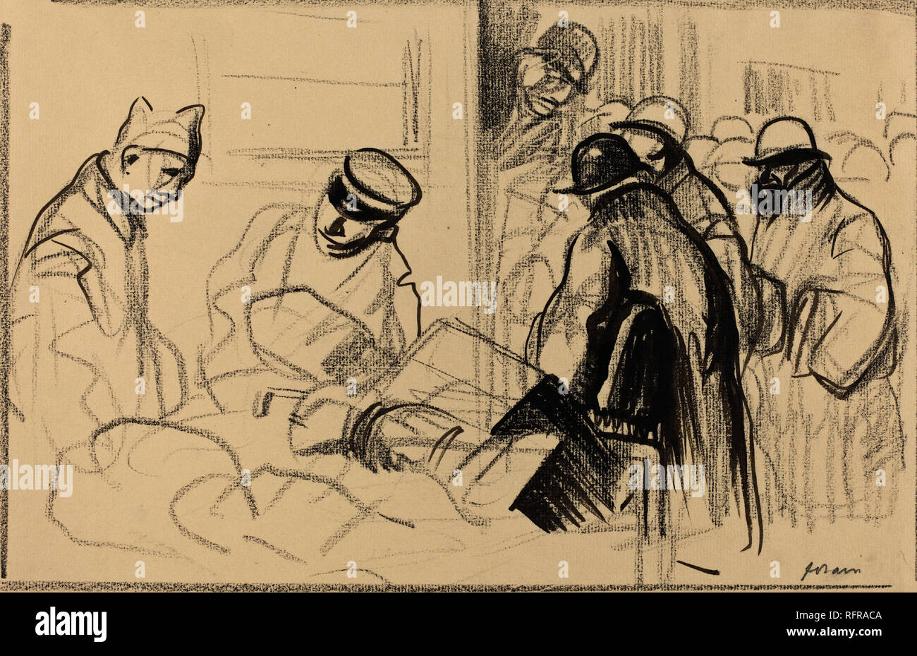 Il treno per Berna. Data: c. 1914/1919. Dimensioni: complessivo: 28,5 x 45,8 cm (11 1/4 x 18 1/16 in.). Medium: spazzola con marrone e nero inchiostro e Gessetto nero onlaid carta. Museo: National Gallery of Art di Washington DC. Autore: FORAIN, JEAN LOUIS. Foto Stock