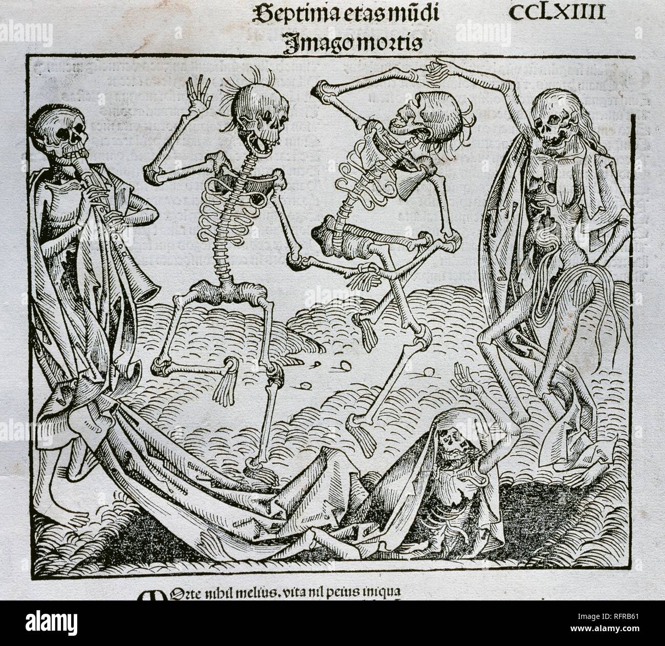 "La Danza de la Muerte" (1493). Ilustración realizada por el pintor y grabador alemán Michael Wolgemut (1434-1519) para la 'Crónica de' di Norimberga (también Conocida como "Historia mundi" o "Liber chronicarum'), obra del humanista alemán Hartmann Schedel (1440-1514). Grabado. Foto Stock