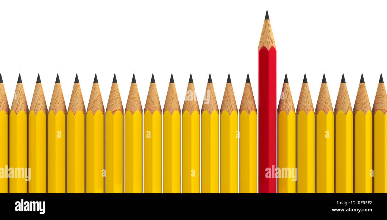 Matita rossa tra le matite di colore giallo - immagine concettuale  dell'individualità, tridimensionale, rendering 3D illustrazione Foto stock  - Alamy