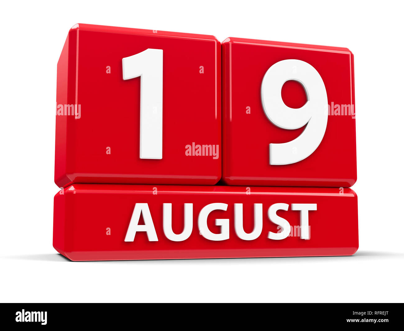 Cubi rossi - XIX di agosto - su un tavolo bianco - Mondo giorno umanitario e World Photography giorno, tridimensionale, rendering 3D illustrati Foto Stock