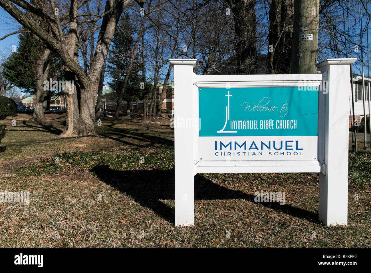 Una vista al di fuori del Immanuel scuola cristiana in Springfield, Virginia, il 21 gennaio 2019. Karen Pence, la moglie del Vice Presidente Mike Pence, tè Foto Stock