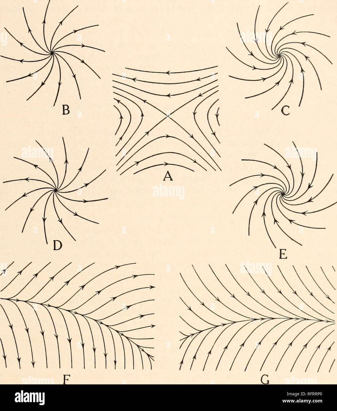 . Carnegie Institution di Washington la pubblicazione. Disegno diretto delle linee di flusso, ecc. 49 La singolarità presentato dalle linee di flusso sono in una relazione definita per il campo di intensità. Come abbiamo già osservato, ovunque vector-linee si intersecano secondo angoli finita, il vettore deve avere il valore numerico zero. Nello stesso. Fig. 48.-semplice singolarità nel vettore bidimensionale-campo. A. Il punto neutro. B. Al punto di divergenza, emisfero nord. C. Il punto di convergenza, emisfero nord. D. Punto di divergenza, emisfero sud. E. punto di convergenza, sud Foto Stock