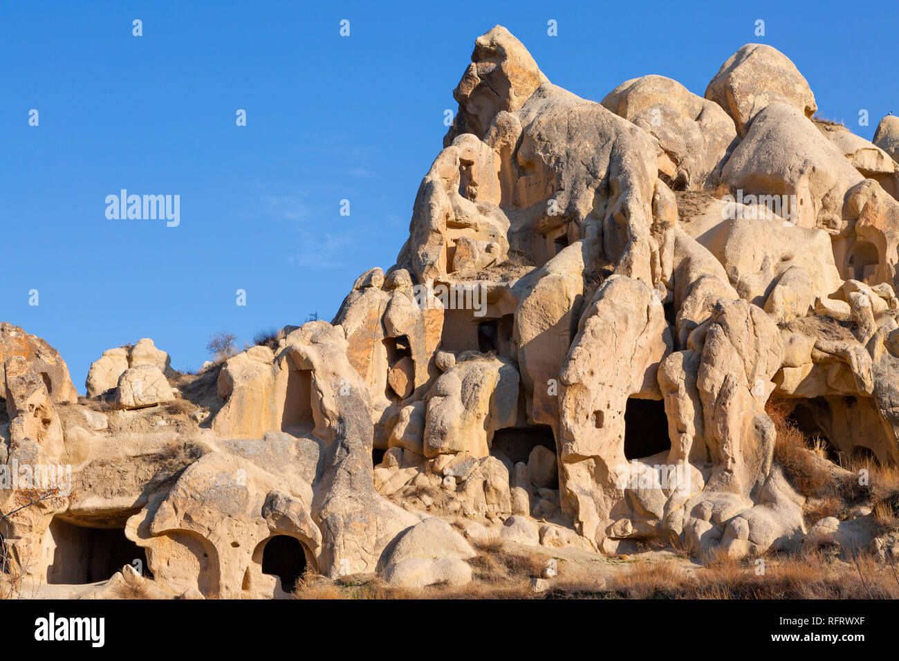Terreni estremi della Cappadocia con formazioni di roccia vulcanica, Turchia Foto Stock
