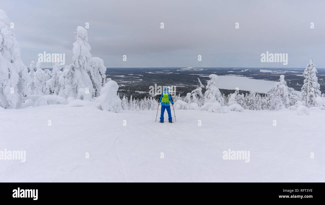 Escursionista con le racchette da neve tra gli alberi congelati vicino Pyha in Lapponia, Finlandia Foto Stock