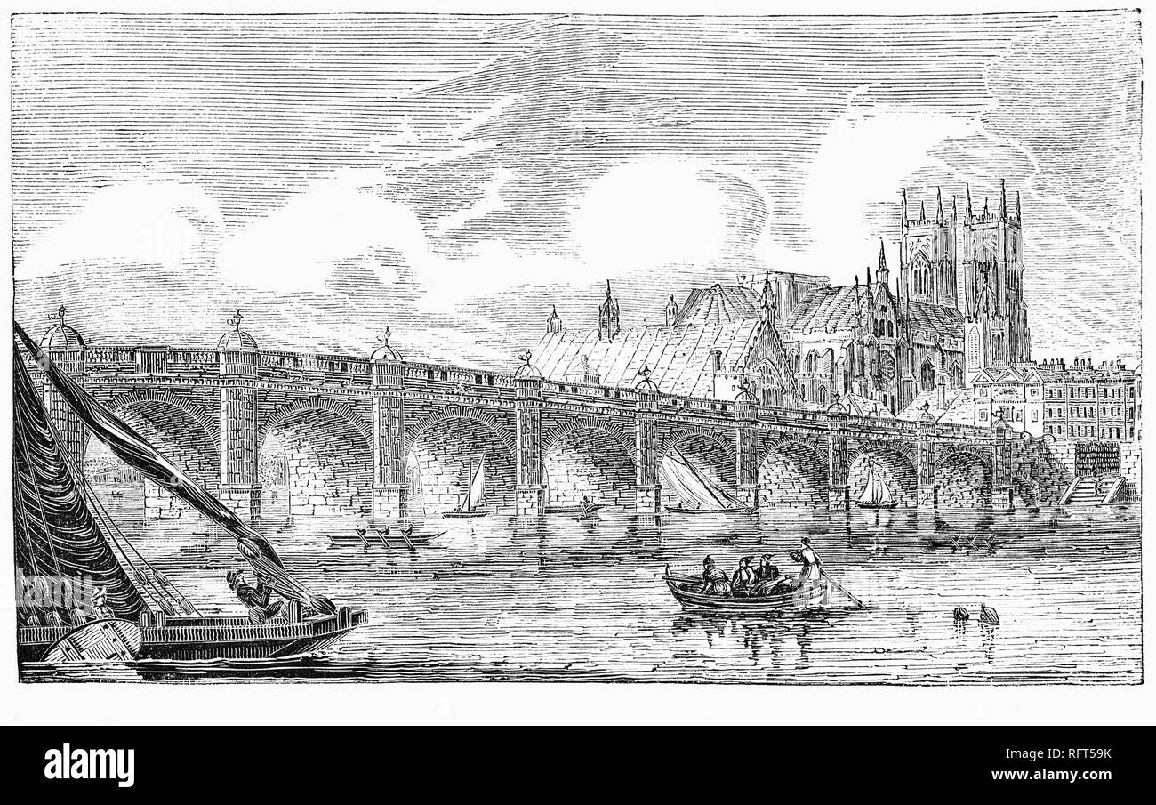 Westminster Bridge è un road-e-piedi-traffico ponte sul Fiume Tamigi a Londra, collegando Westminster sul lato ovest e Lambeth sul lato est. Finanziate da capitali privati, lotterie e sovvenzioni, Westminster Bridge è stato costruito tra il 1739-1750, sotto la supervisione di un ingegnere svizzero Charles Labelye. e inaugurato il 18 novembre 1750. Foto Stock
