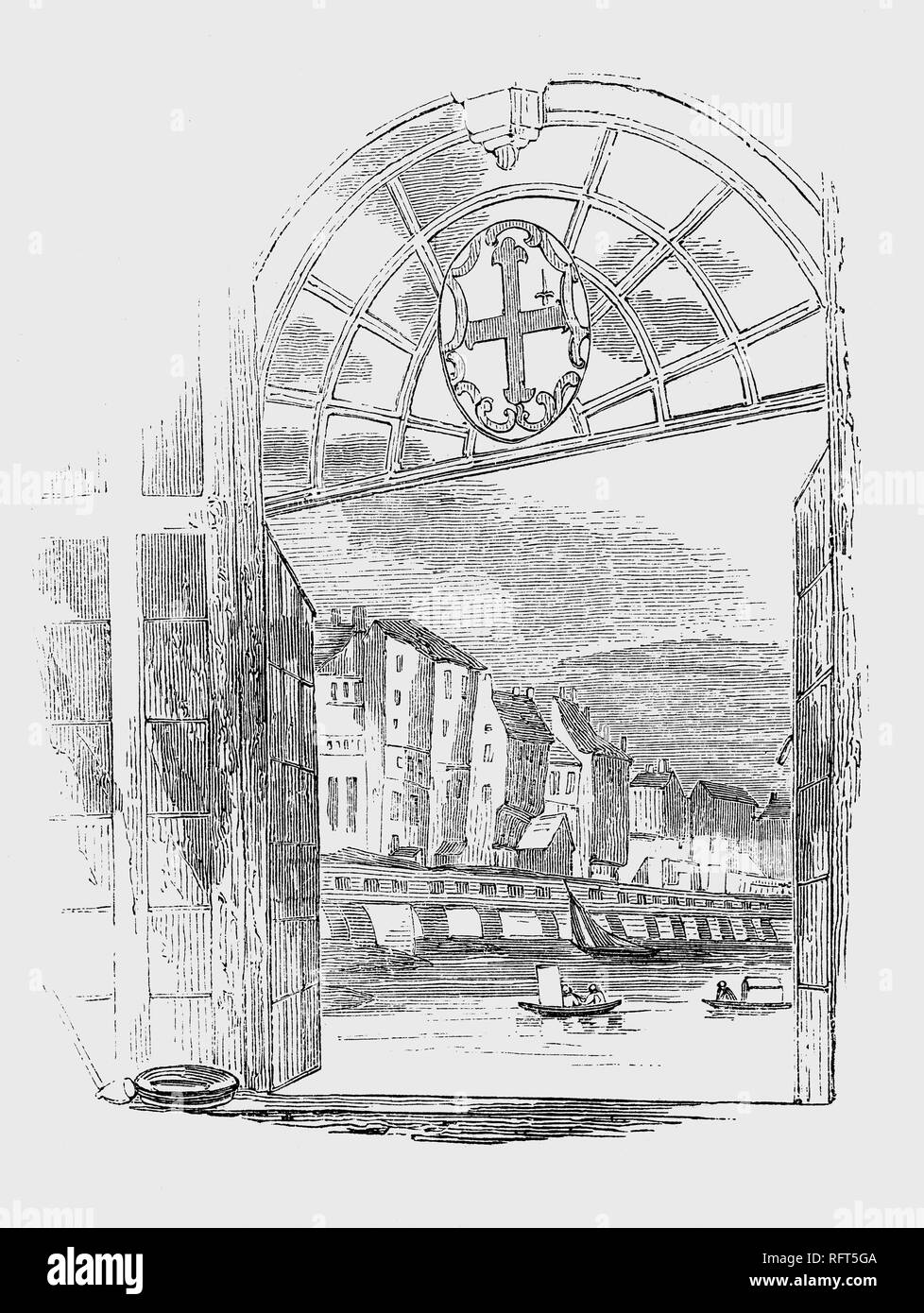 Hogarth della visione del case sul ponte di Londra. Le ultime case sono state costruite nel 1745, ma anche questi eleganti edifici avevano iniziato a rientrare entro un decennio. Nel 1756, il Ponte di Londra atto hanno dato alla città Corporation il potere di acquisto di tutte le proprietà sul ponte in modo che essi potrebbero essere demoliti e il ponte migliorata. Foto Stock