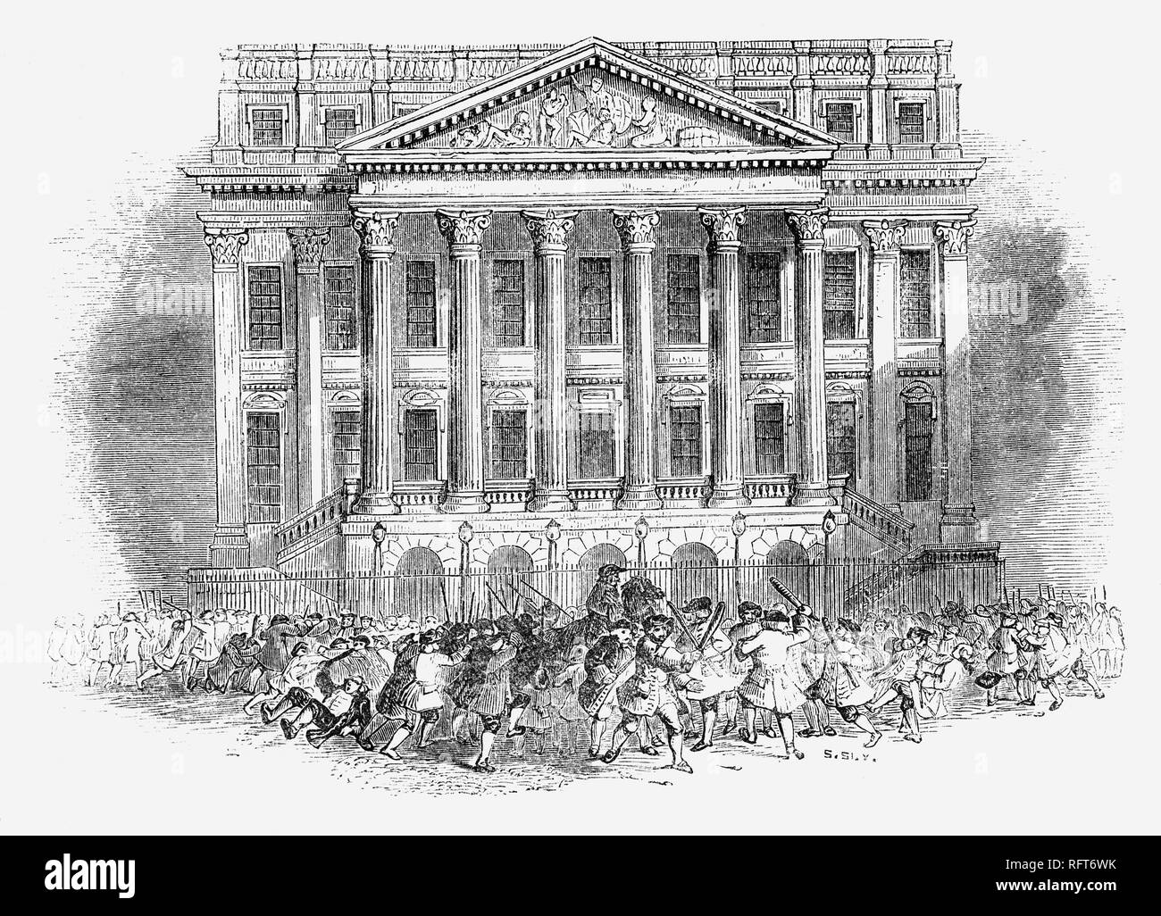 Mansion House, la residenza ufficiale del sindaco di Londra è stato costruito in Walbrook tra il 1739 e il 1752, in allora di moda stile Palladiano dal geometra e architetto George Dance il vecchio. La costruzione è stato richiesto da un desiderio di porre fine alla pratica sconveniente di alloggio il Sindaco in uno dei saloni della città. La danza ha vinto un concorso su disegni sollecitato da James Gibbs e Giacomo leoni ma la costruzione è stato rallentato dalla scoperta delle molle sul sito, il che significava che pile doveva essere affondato per formare le basi. Foto Stock