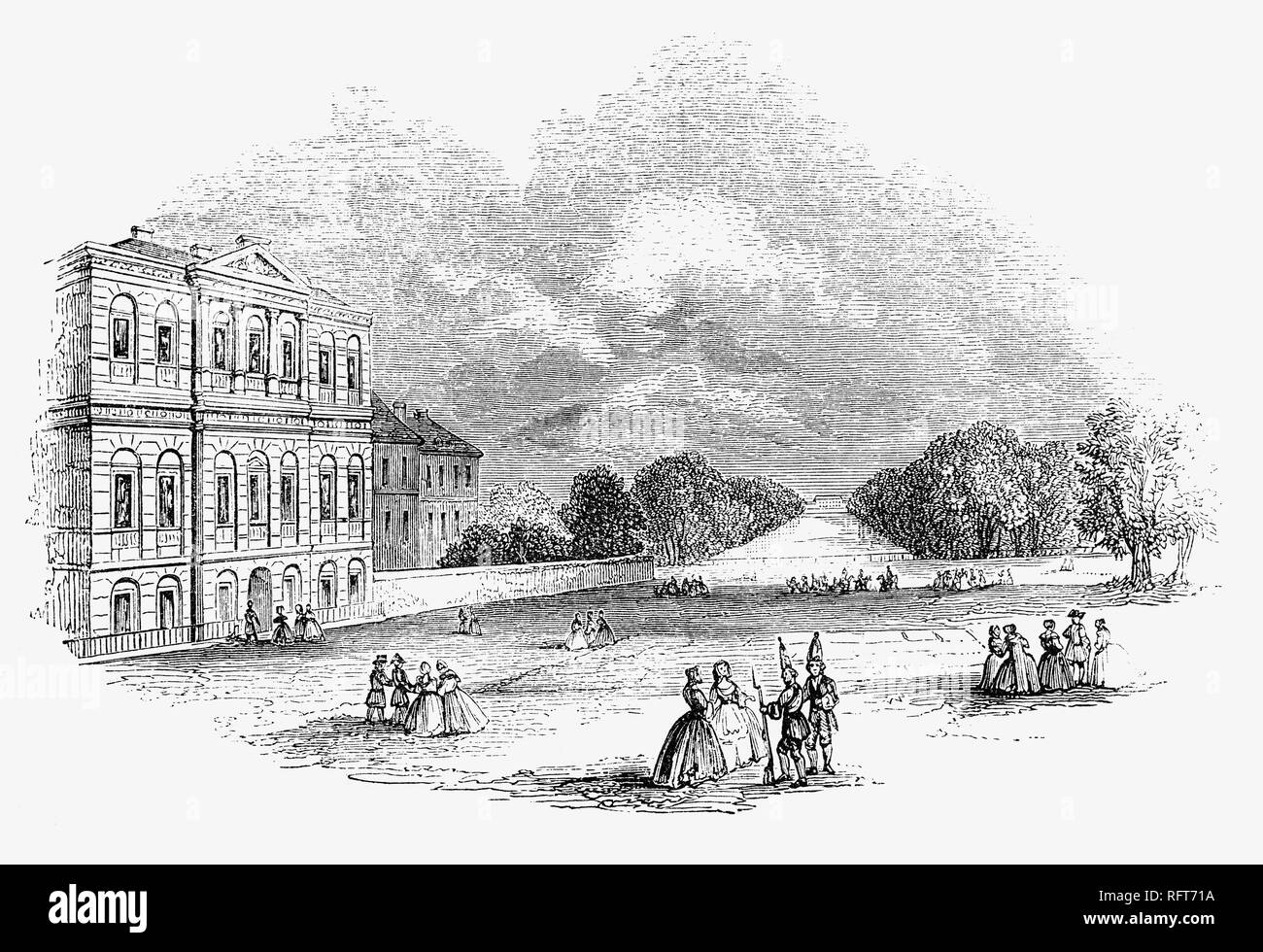 Una vista in St James's Park, con il Ministero del Tesoro direttamente sulla sinistra, guardando verso il canale, con Buckingham House nella distanza all'altra estremità; i soldati e altre figure nel parco in primo piano. James's Park è un 23-ettaro (57-acro) park della città di Westminster, Londra centrale. Il parco si trova presso la punta meridionale della St James's area, che è stato chiamato dopo un lebbrosario dedicato a San Giacomo il minore. Foto Stock