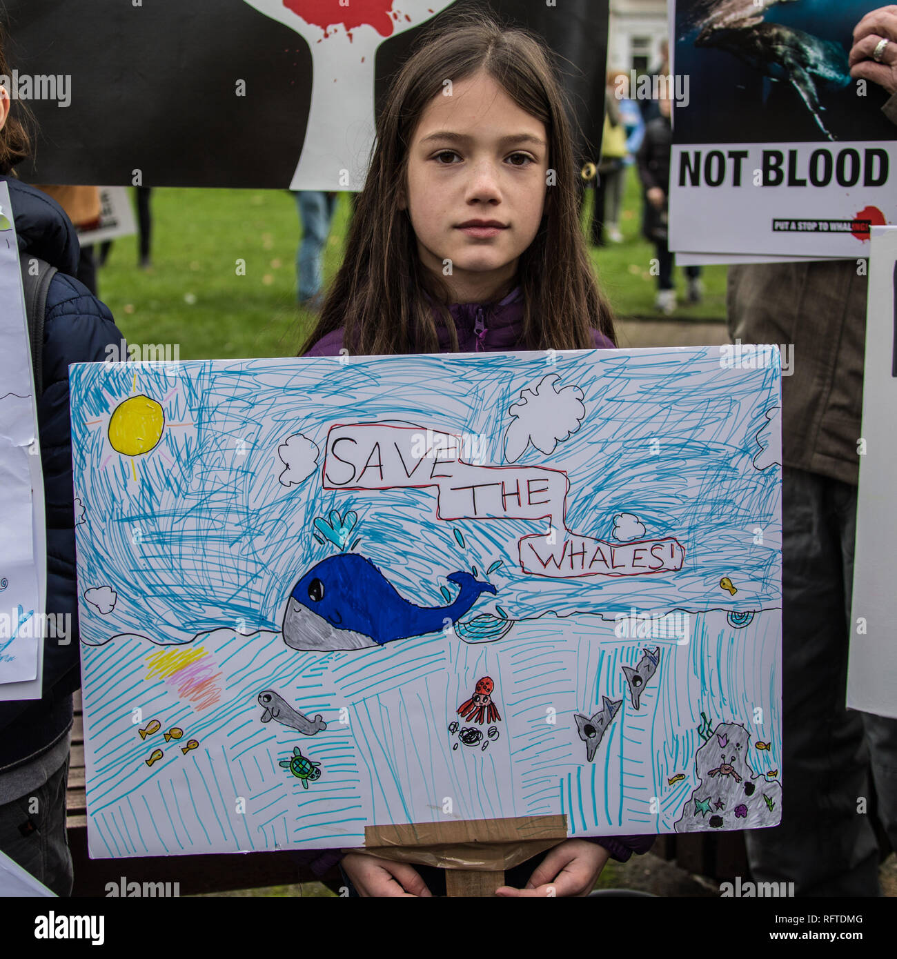Londra, UK. Il 26 gennaio, 2019. I manifestanti hanno marciato attraverso Londra prima dimostrazione presso l'ambasciata giapponese dopo il Giappone ha annunciato di voler riprendere la caccia alle balene a fini commerciali. David Rowe/Alamy Live News. Foto Stock