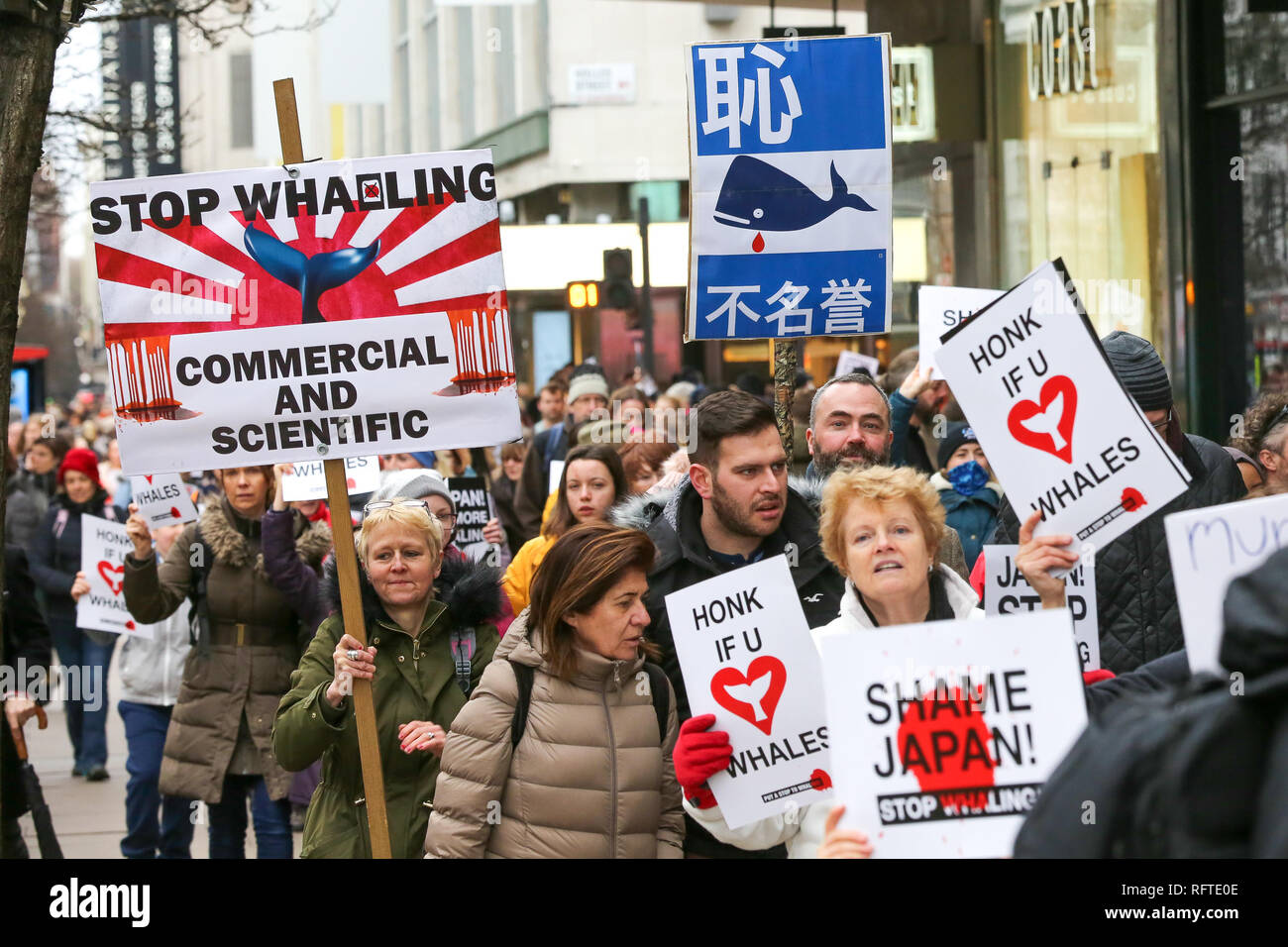 Londra, Regno Unito. Il 26 gennaio, 2019. I dimostranti sono visti tenendo cartelloni durante la protesta contro la baleniera giapponese nel centro di Londra. Credito: Dinendra Haria/SOPA Immagini/ZUMA filo/Alamy Live News Foto Stock