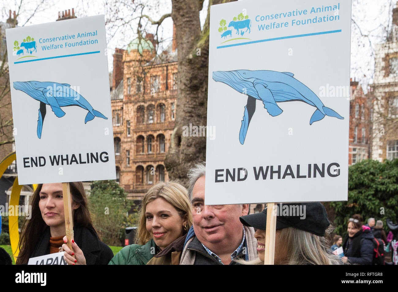 Londra, Regno Unito. Il 26 gennaio, 2019. Ocean conservazionista Carrie Symonds (c), fidanzata di ex Segretario di Stato per gli affari esteri Boris Johnson, unisce i diritti degli animali gli attivisti si preparano a prendere parte in Giappone: Nessun caccia alle balene marzo da Cavendish Square all'ambasciata giapponese a seguito del Giappone annuncio di ritirare dalla Commissione baleniera internazionale (IWC) e riprendere la caccia alle balene a fini commerciali con effetto dal luglio 2019. Il mese di marzo è stata organizzata dal Comitato di Londra per la soppressione della caccia alla balena. Credito: Mark Kerrison/Alamy Live News Foto Stock