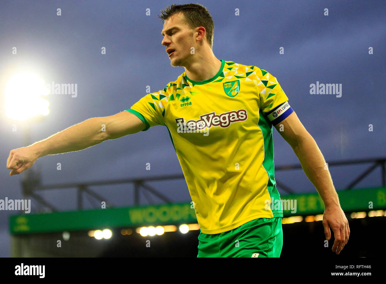 Norwich, Regno Unito. 26 gen, 2019. Christoph Zimmermann di Norwich City reagisce. EFL Skybet partita in campionato, Norwich City v Sheffield Regno a Carrow Road Stadium di Norwich sabato 26 gennaio 2019. Questa immagine può essere utilizzata solo per scopi editoriali. Solo uso editoriale, è richiesta una licenza per uso commerciale. Nessun uso in scommesse, giochi o un singolo giocatore/club/league pubblicazioni. pic da Steffan Bowen/Andrew Orchard fotografia sportiva/Alamy Live news Credito: Andrew Orchard fotografia sportiva/Alamy Live News Foto Stock