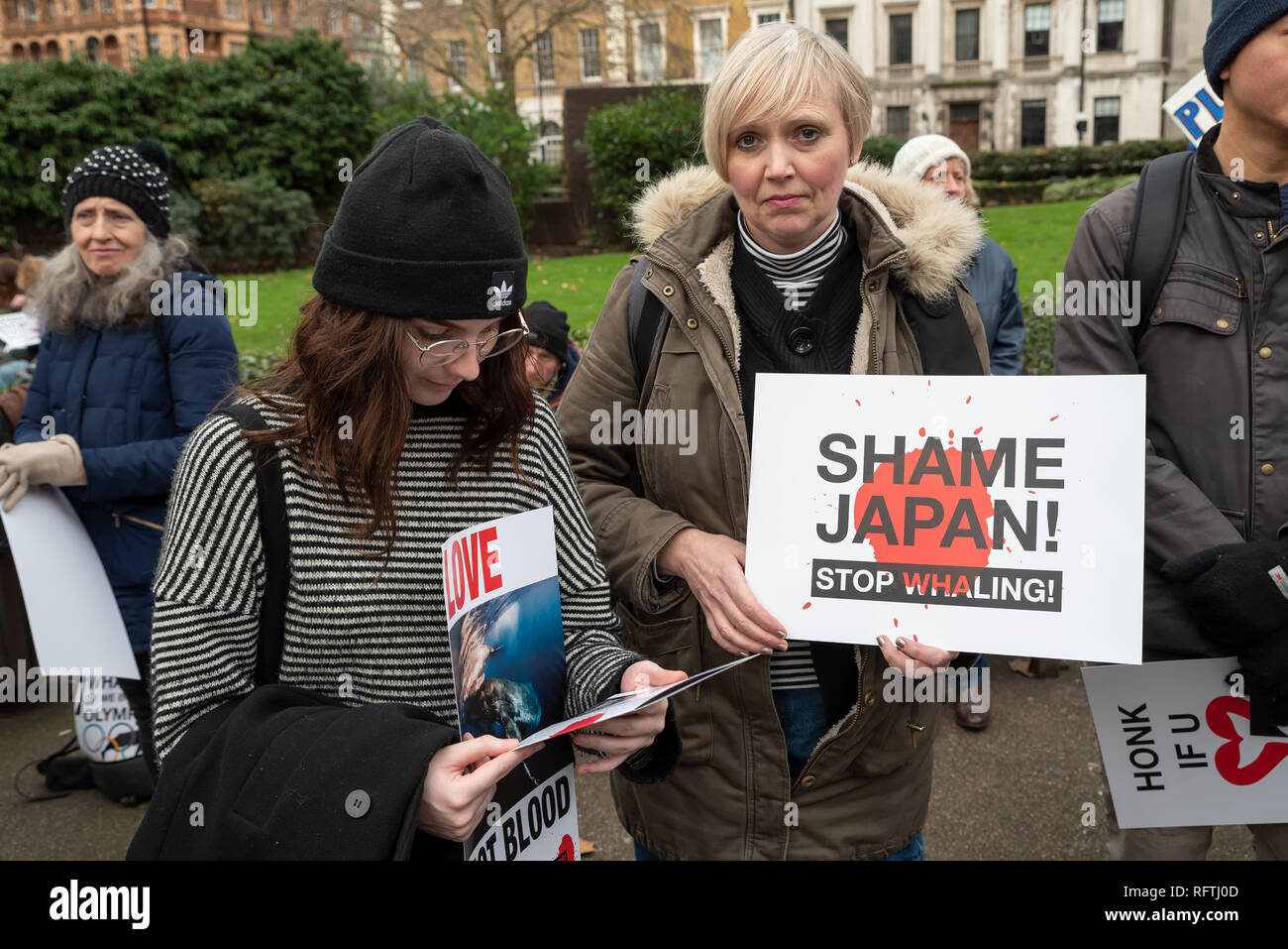 Londra, Regno Unito. Il 26 gennaio 2019. Londra protesta contro la prevista ripresa della caccia alle balene da parte del Giappone.Il governo giapponese ha recentemente sostenuto al di fuori di un accordo internazionale il divieto di caccia alle balene a fini commerciali. Gli attivisti al rally di Cavendish Square per il mese di marzo all'Ambasciata Giapponese. Donna che mantiene la vergogna del Giappone! Stop Whaling cartellone. Credito: Stephen Bell/Alamy Live News. Foto Stock