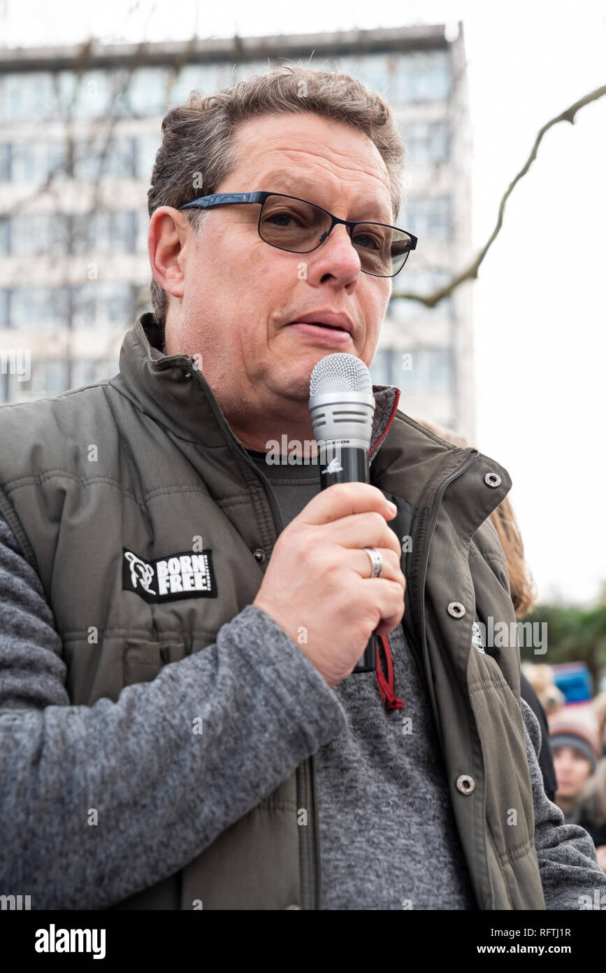 Londra, Regno Unito. Il 26 gennaio 2019. Londra protesta contro la prevista ripresa della caccia alle balene da parte del Giappone.Il governo giapponese ha recentemente sostenuto al di fuori di un accordo internazionale il divieto di caccia alle balene a fini commerciali. Gli attivisti al rally di Cavendish Square per il mese di marzo all'Ambasciata Giapponese. Sarà Ictured Travers rivolgendosi alla folla. Credito: Stephen Bell/Alamy Live News. Foto Stock