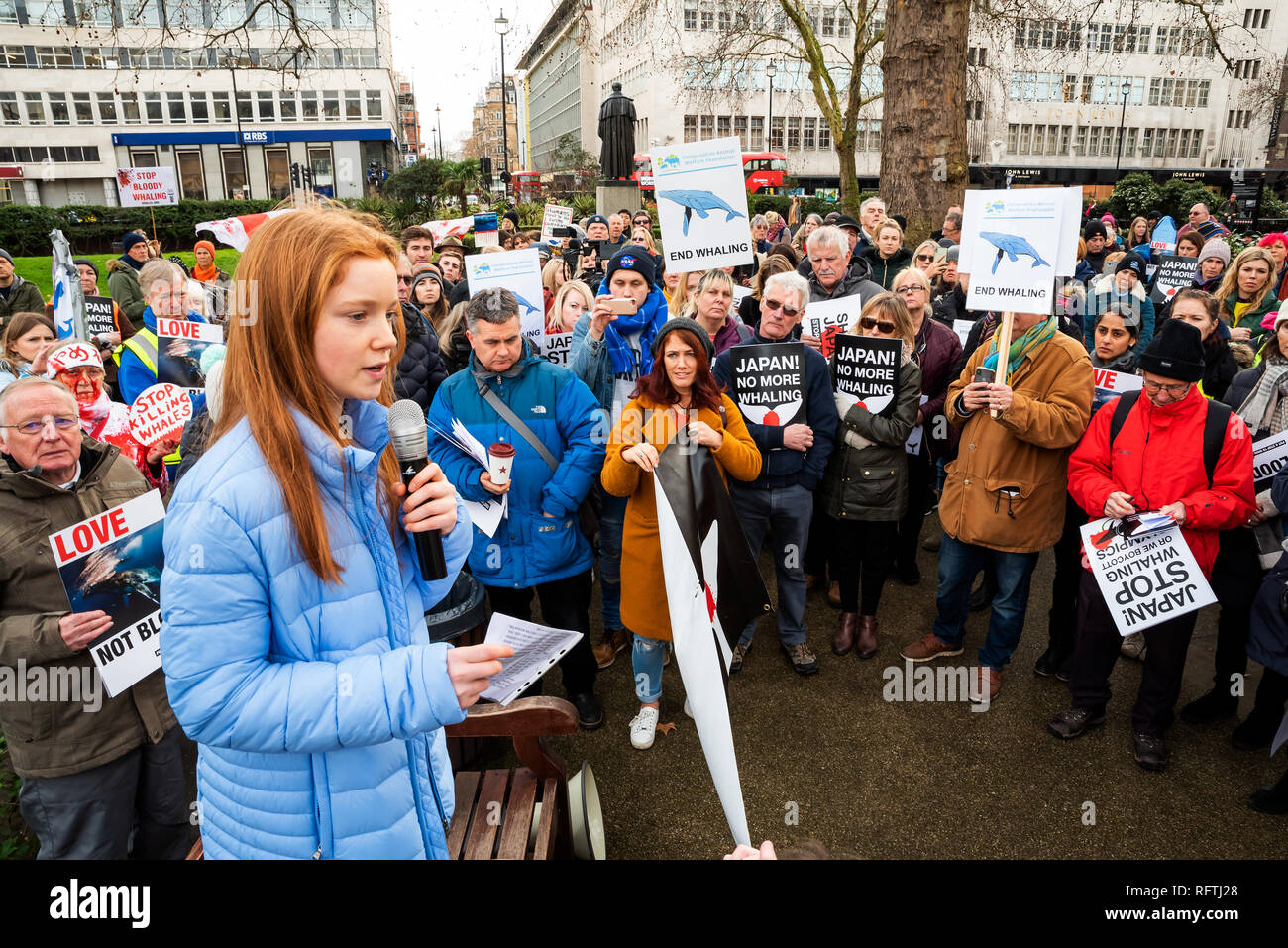Londra, Regno Unito. Il 26 gennaio 2019. Londra protesta contro la prevista ripresa della caccia alle balene da parte del Giappone.Il governo giapponese ha recentemente sostenuto al di fuori di un accordo internazionale il divieto di caccia alle balene a fini commerciali. Gli attivisti al rally di Cavendish Square per il mese di marzo all'Ambasciata Giapponese. Foto di affrontare la folla Bella mancanza. Credito: Stephen Bell/Alamy Live News. Foto Stock