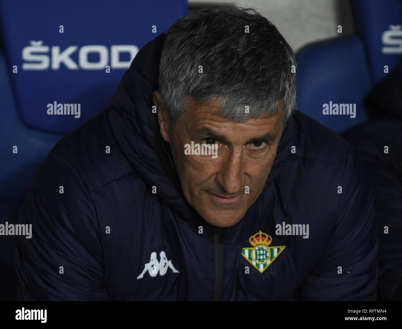 Barcellona, 24-01-2019. Il Copa el Rey 2018/ 2019, round 4 prima gamba. Espanyol-Real Betis. Real Betis manager Quique Setien durante il gioco Espanyol-Real Betis. Foto Stock
