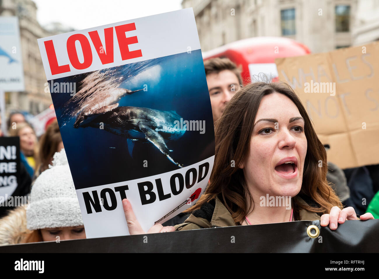 Londra, Regno Unito. Il 26 gennaio 2019. Londra protesta contro la ripresa della caccia alle balene da parte del Giappone.Il governo giapponese ha recentemente sostenuto al di fuori di un accordo internazionale il divieto di caccia alle balene a fini commerciali. Gli attivisti marciando attraverso il centro di Londra all'Ambasciata Giapponese. Credito: Stephen Bell/Alamy Live News. Foto Stock