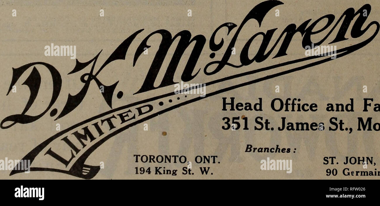 . Canadian Forest industries luglio-dicembre 1923. Macchinoso; le foreste e la silvicoltura; prodotti di foresta; polpa di legno Industria; legno industrie utilizzatrici. CANADA LUMBERMAN 37 I/M D.K.MCLARENS Genuine • British- Oak - Pelli conciate-cinturazione nel mulino, shop e la fabbrica è possibile vedere D. K. la McLaren di cinghie in pelle facendo yeomen service. In tutto il Canada ha ottenuto una reputazione di affidabilità in termini di risparmio di tempo, di potenza e di profitti. Con il nostro speciale processo di Oak-Tanning, il cuoio prende su quali- legami che aumentano la resistenza alla deformazione e gli effetti di attrito. Per il lavoro pesante nel mulino di legname, D. K. McLare Foto Stock