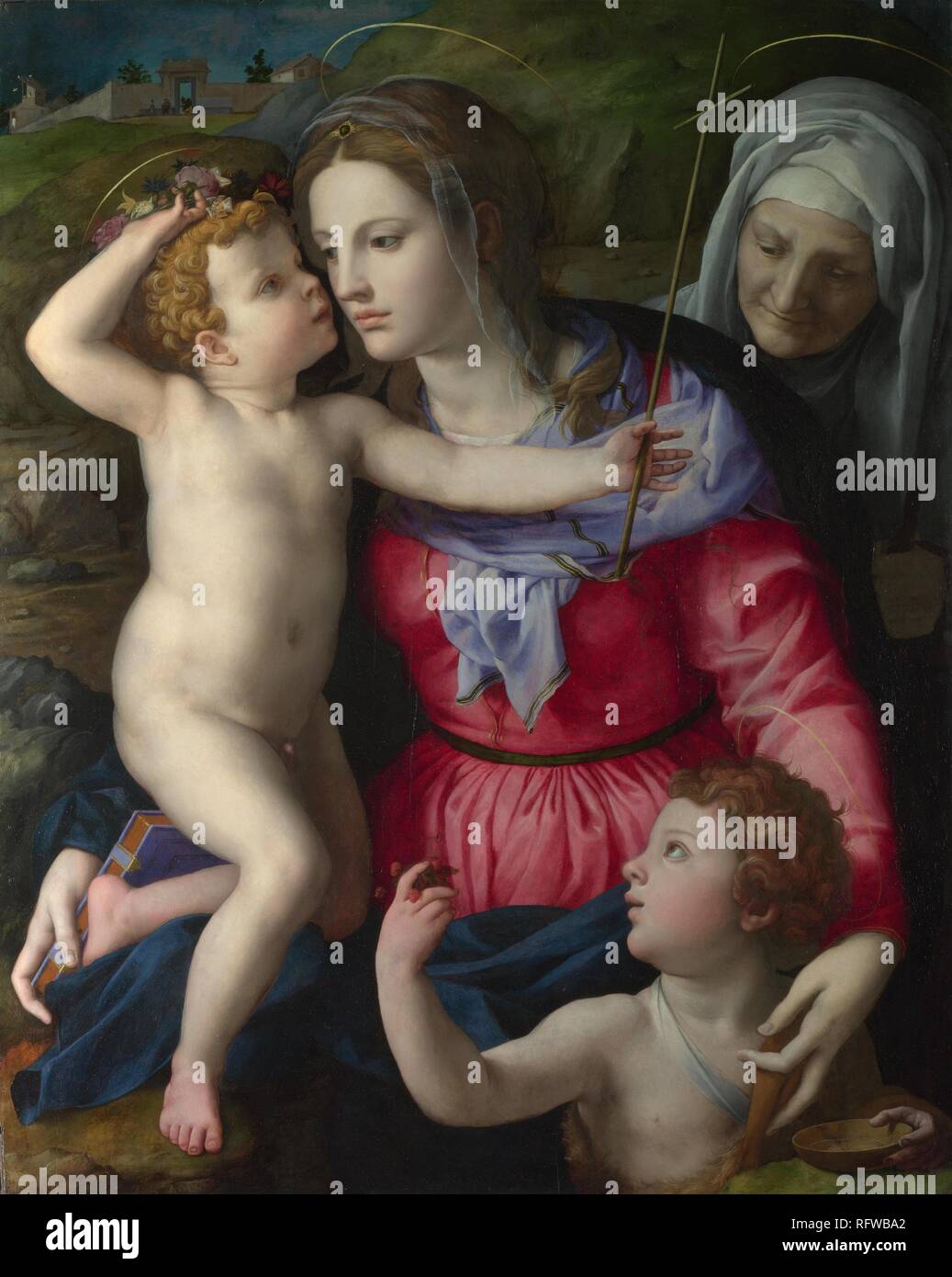 La Madonna con Bambino e San Giovanni Battista e Santa Elisabetta. Museo: National Gallery di Londra. Autore: Bronzino. Foto Stock