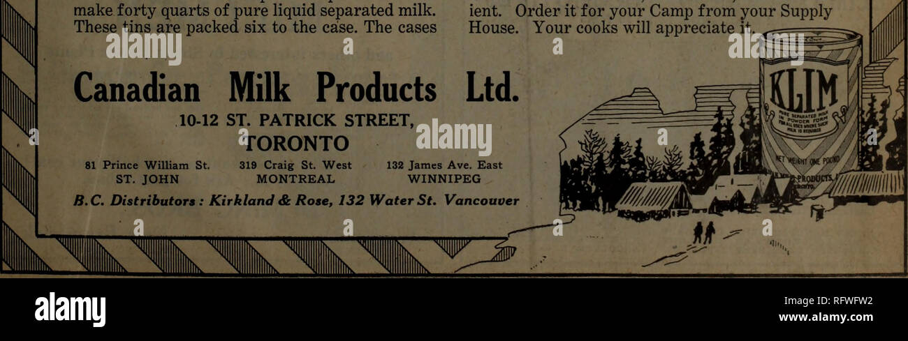 . Canadian Forest industries luglio-dicembre 1920. Macchinoso; le foreste e la silvicoltura; prodotti di foresta; polpa di legno Industria; legno industrie utilizzatrici. Il freddo non pregiudica KLIM Uno dei vantaggi di utilizzare Klim, polvere di latte separate, in campi di legname e case di imbarco è che essa è perfettamente asciutto e non si blocca nel tempo più freddo. Esso mantiene dolce e fresco in tutte le condizioni climatiche e .quando trasformato in liquido, sciogliendo in acqua, il nat- ural il sapore e la consistenza di fresco latte separato è stato ripristinato. Il contenuto del compact ten-pound, stagno farà quaranta quarti di puro liq Foto Stock