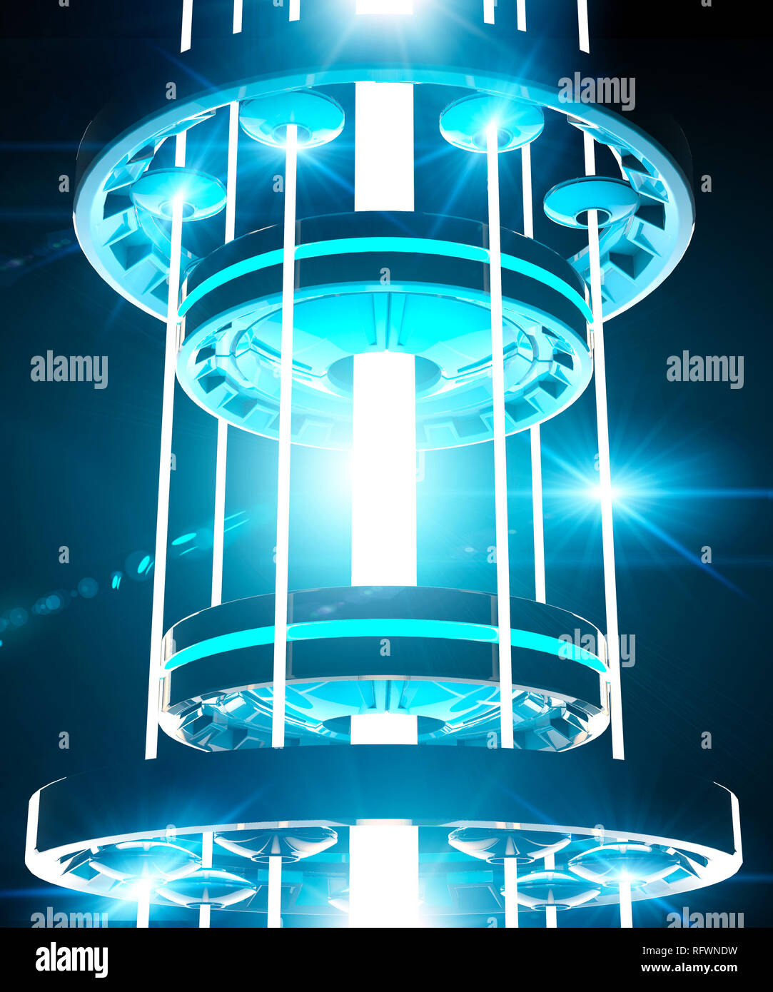 Raggio di luce, di incanalare energia, creazione, Scienza e fantascienza, astronave, un fascio laser, infrastruttura del futuro. Fascio fotonico, incanalatura Foto Stock