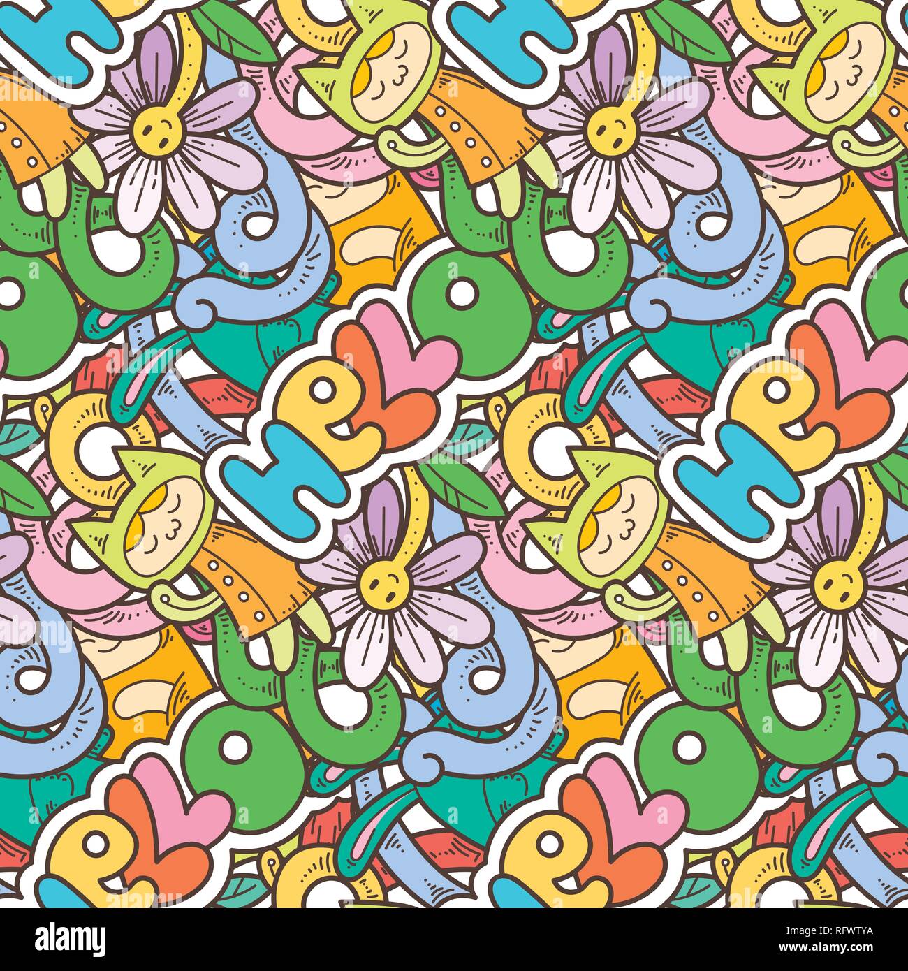 Ciao. Vettore di Seamless pattern con Cartoon carino mostri e bestie. Nizza per il confezionamento, la carta di avvolgimento, pagine da colorare, sfondo, tessuto, moda, Illustrazione Vettoriale