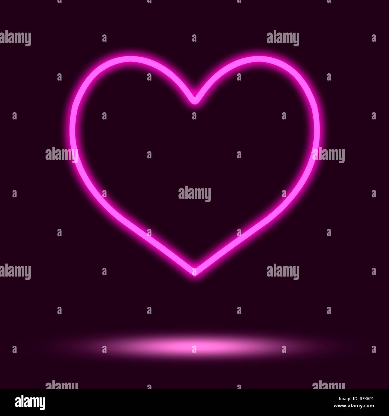 Neon viola incandescente cuore su sfondo scuro con copia spazio per il tuo testo. Foto Stock