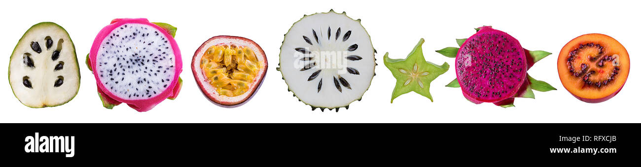 Raccolta isolati di frutti esotici. Drago fresco frutta ,internazionale,cherimoya,frutto della passione; granadiglie,annona muricata ,soursop frutta, tamarillo su Foto Stock