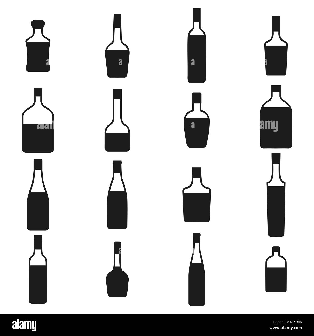 Bottiglie di alcol set di icone. Silhouette in nero su sfondo bianco, illustrazione vettoriale. Illustrazione Vettoriale