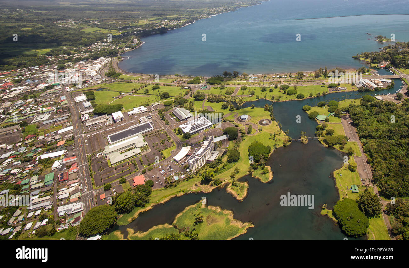 Vista aerea di Hilo, una delle città più grandi a Big Island delle Hawaii, Foto Stock