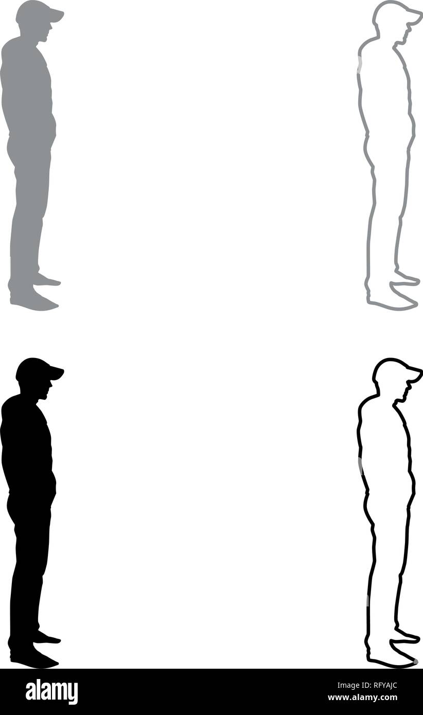 Uomo in piedi nel cappuccio vista laterale con il set di icone di colore grigio colore nero vettore I Outline stile piatto semplice immagine Illustrazione Vettoriale