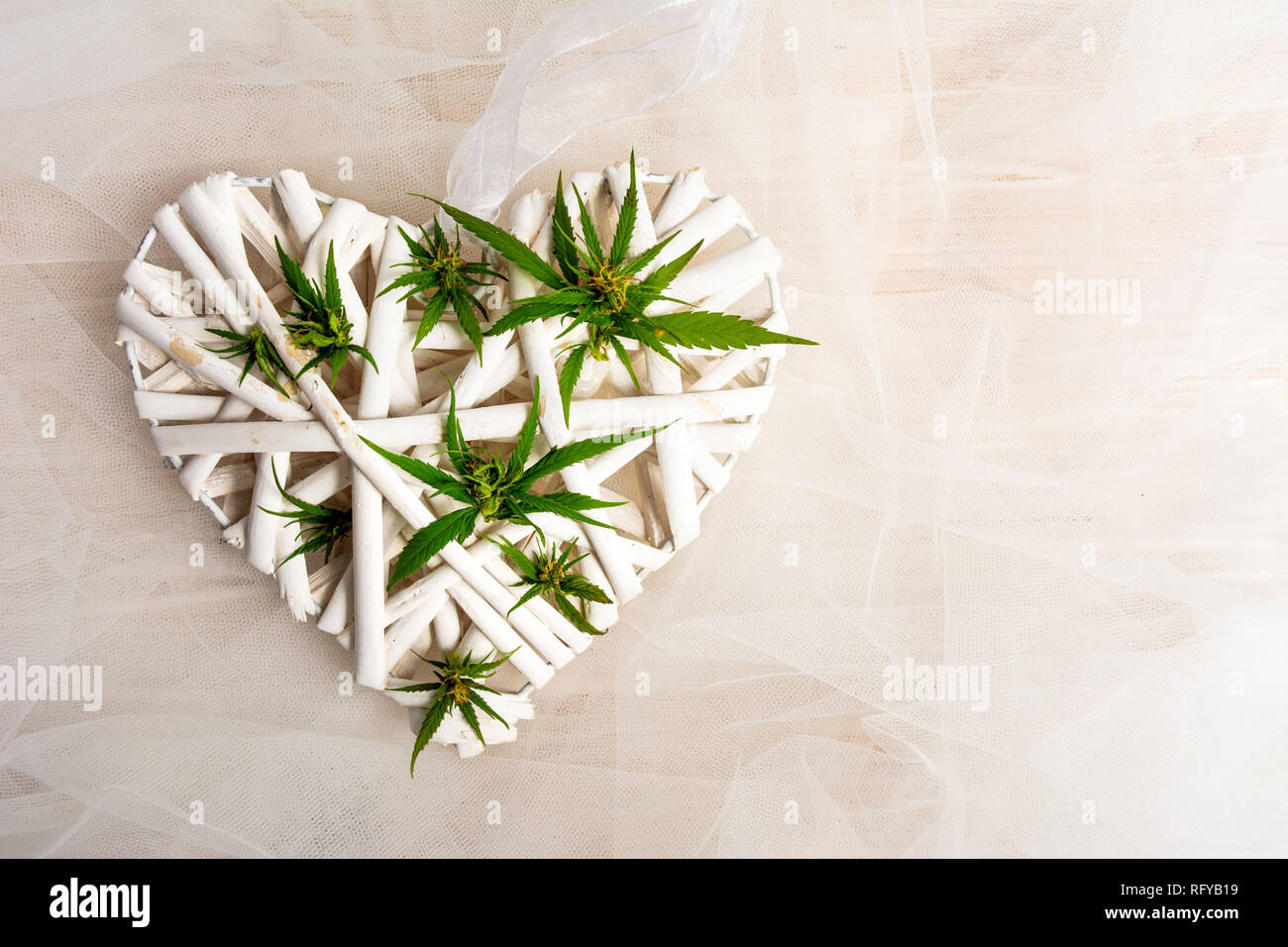 Piante di marijuana con boccioli su una forma di cuore, healthcare abstract Foto Stock