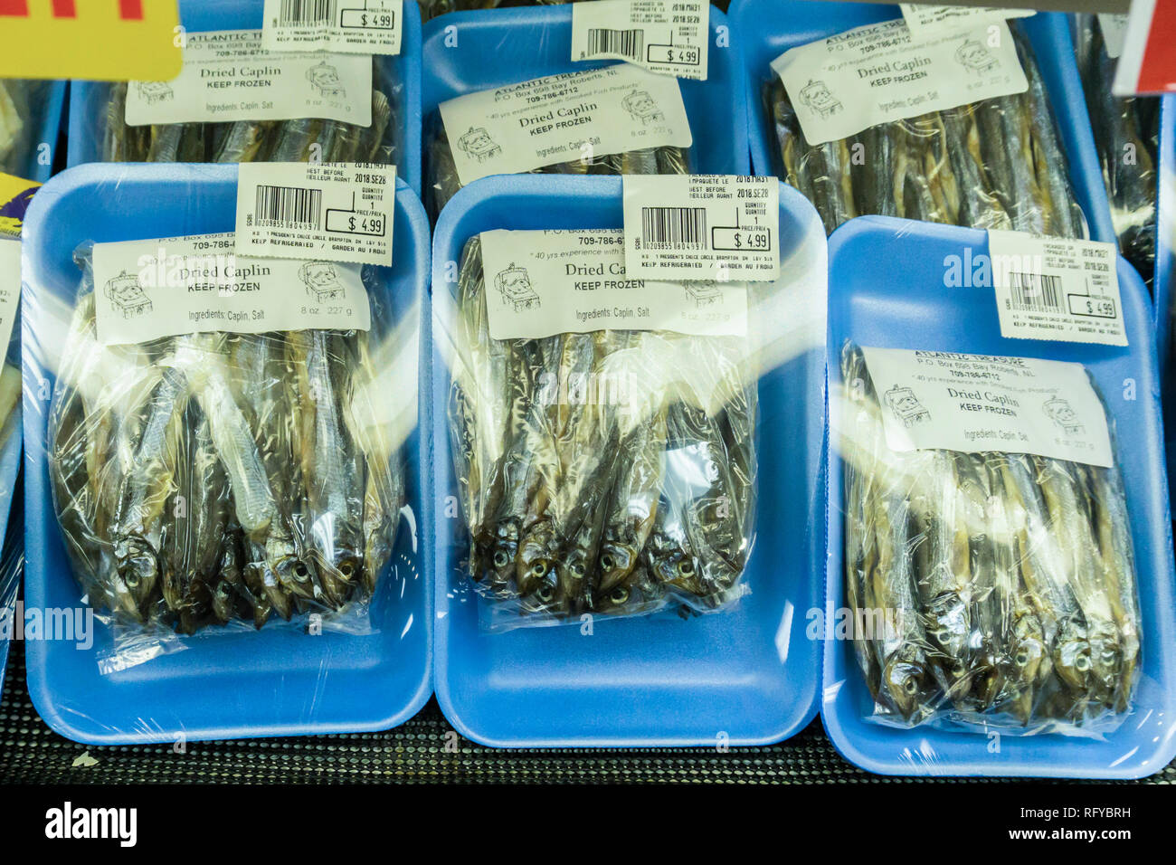 Essiccato caplin in vendita a Terranova. Una tradizionale specialità di Terranova. Foto Stock