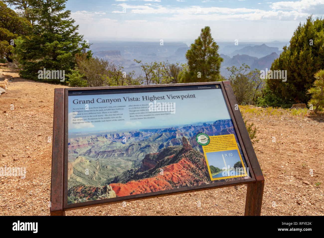 Visualizzare passato tourist information board sul punto punto di vista imperiale, Grand Canyon North Rim, Arizona, Stati Uniti. Foto Stock