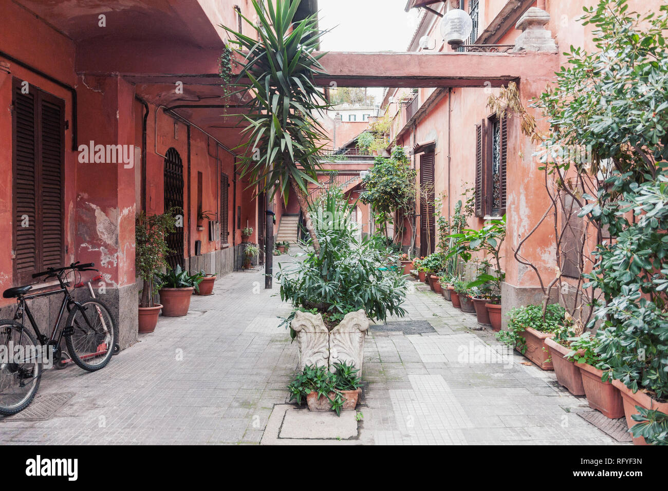 Tipico weathered storico cantiere residenziale nel centro storico della capitale italiana Roma con un sacco di tropicale vasi di fiori Foto Stock